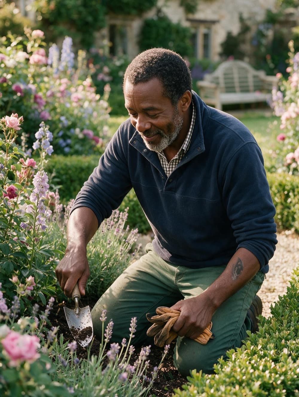An independent gardener tending a flower bed